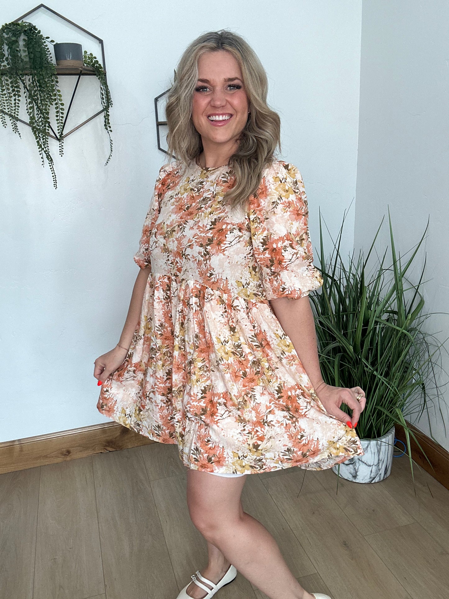 Mittoshop Flower Print Linen Blend Babydoll Mini Dress