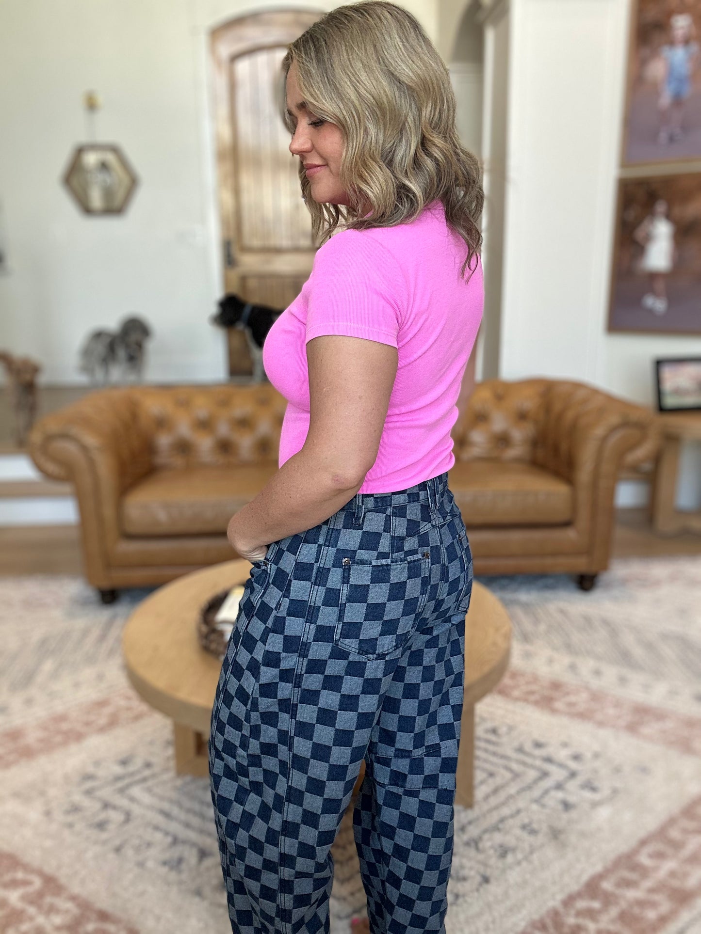 SAGE+FIG Barrel Style Leg Checkered Print Jeans
