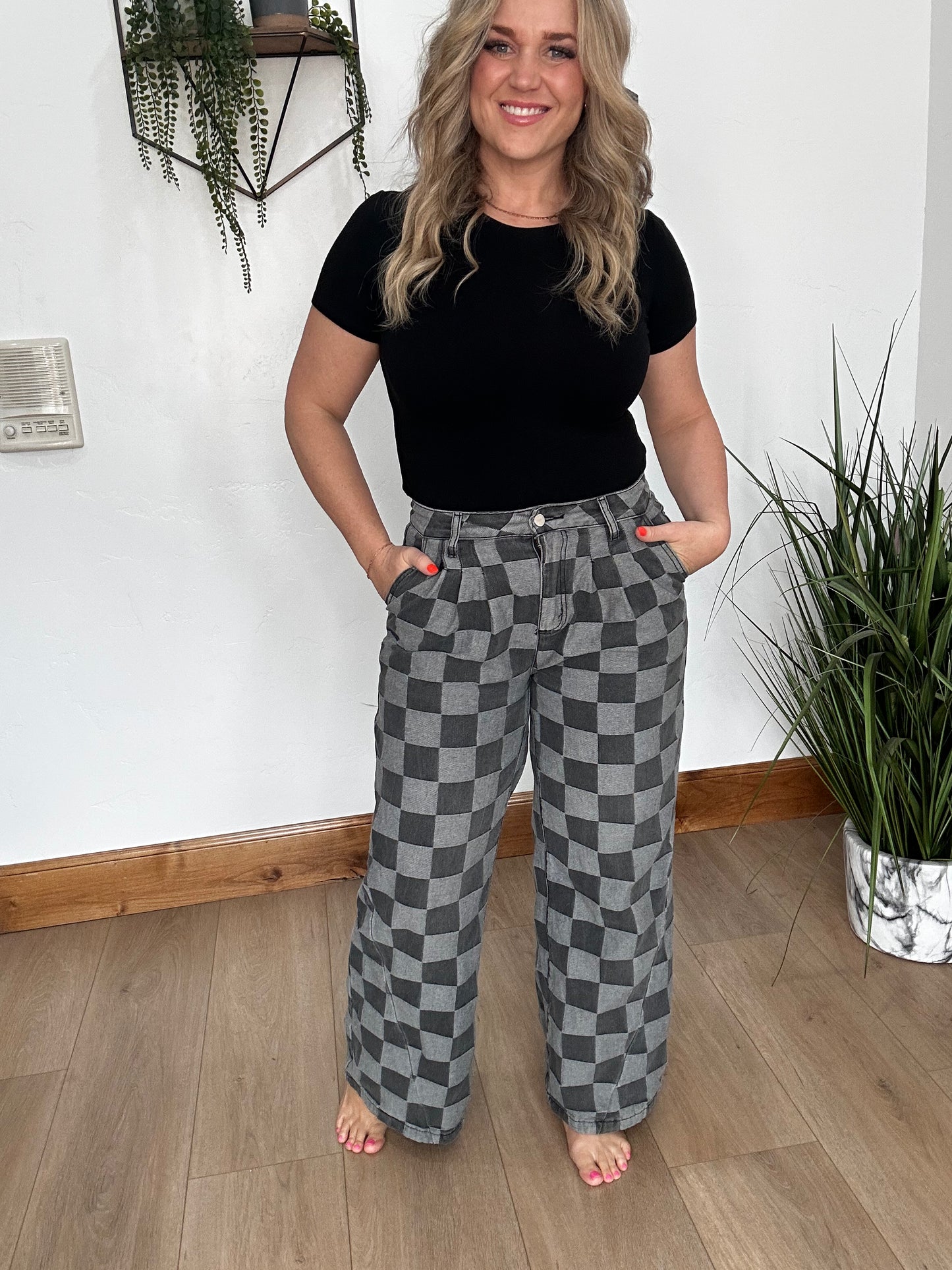 Checkered Wide Leg Jeans with Pockets (PRE-ORDER)
