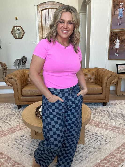 SAGE+FIG Barrel Style Leg Checkered Print Jeans