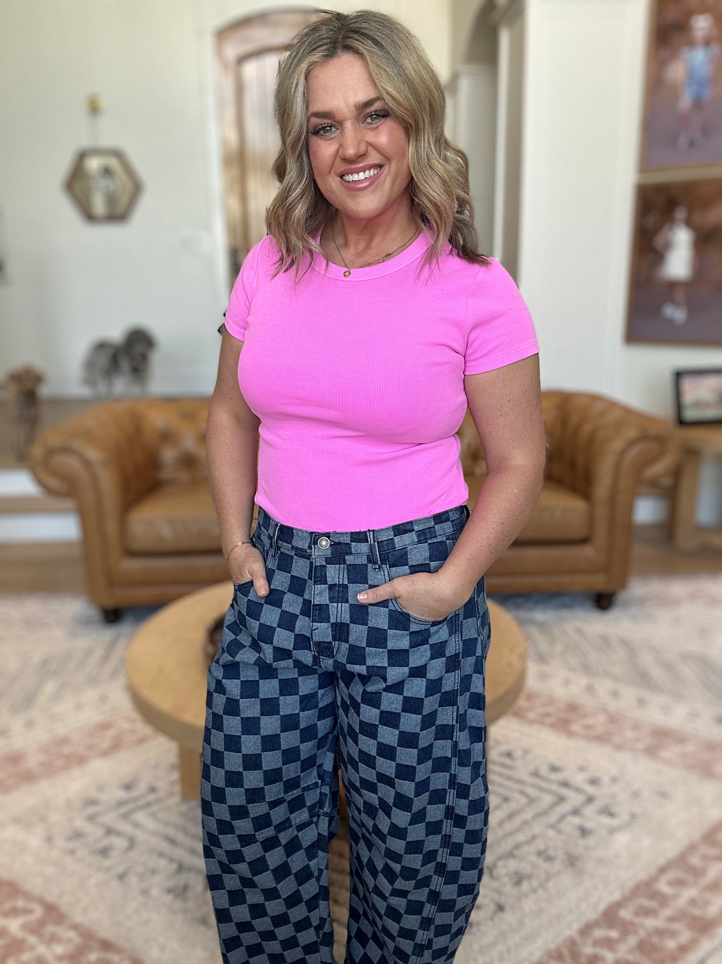 SAGE+FIG Barrel Style Leg Checkered Print Jeans