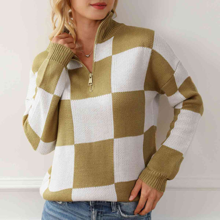 Checkered Half Zip Long Sleeve Sweater