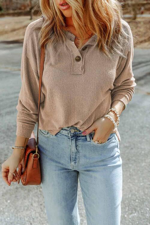 Buttoned Round Neck Long Sleeve Top