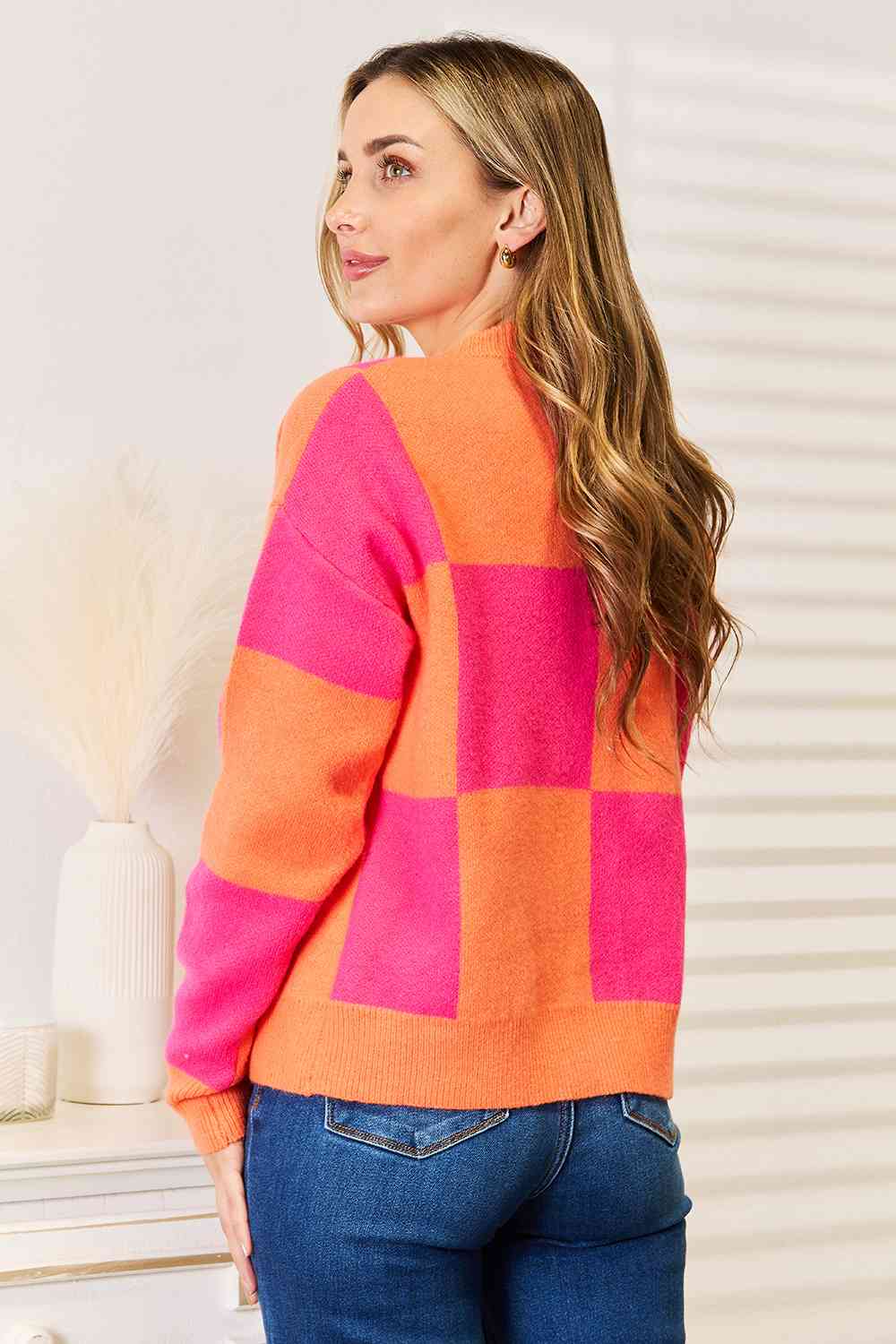 Woven Right Checkered V-Neck Dropped Shoulder Cardigan