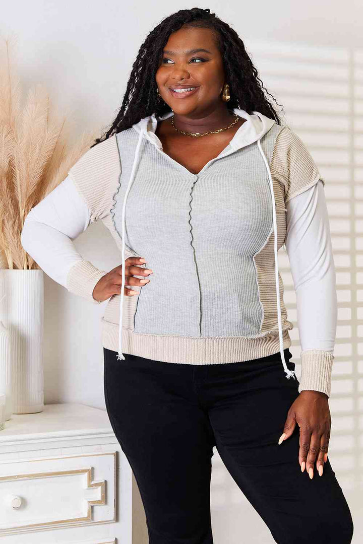 Double Take Color Block Exposed Seam Drawstring Hoodie