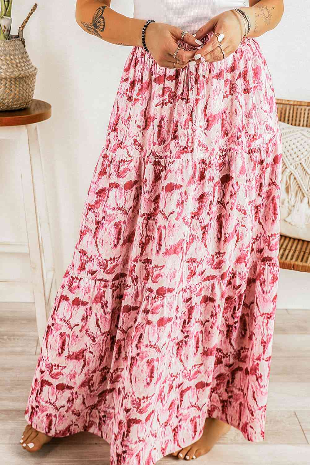 Printed Smocked Waist Maxi Skirt