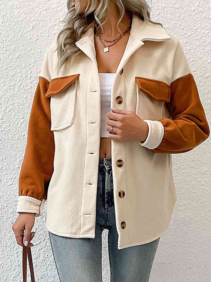 Double Take Contrast Button-Up Fleece Jacket