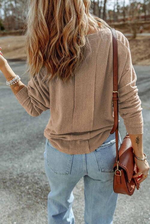 Buttoned Round Neck Long Sleeve Top