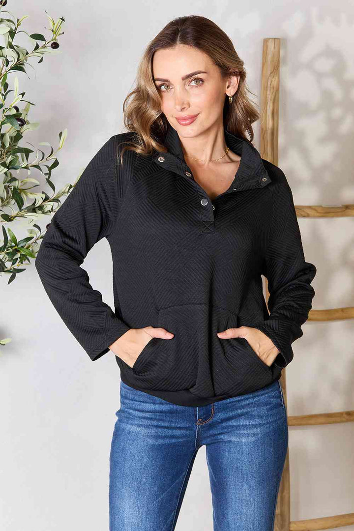 Double Take Half Buttoned Collared Neck Sweatshirt with Pocket